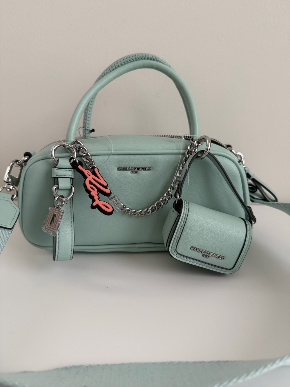 Karl Lagerfeld Mint Leather Mini Satchel with Chain Charm